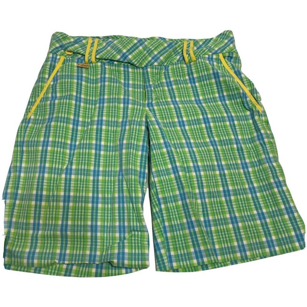 lilly pulitzer womens sz 2 plaid bermuda shorts blue green  9” L